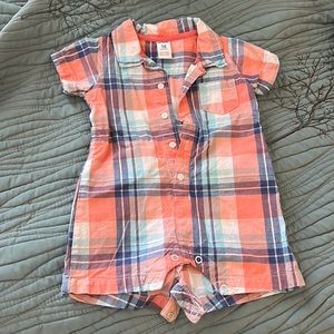 Coral and Blue Plaid Shorts Onsie 18 Mo